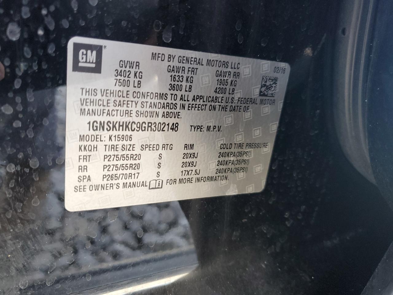 2016 Chevrolet Suburban K1500 Lt VIN: 1GNSKHKC9GR302148 Lot: 92683915