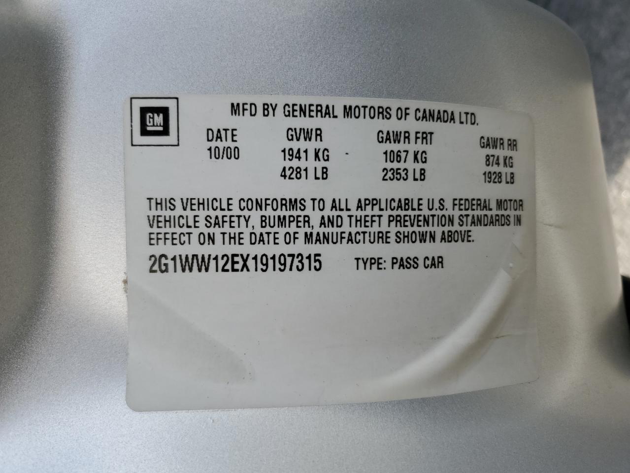 2001 Chevrolet Monte Carlo Ls VIN: 2G1WW12EX19197315 Lot: 92113115