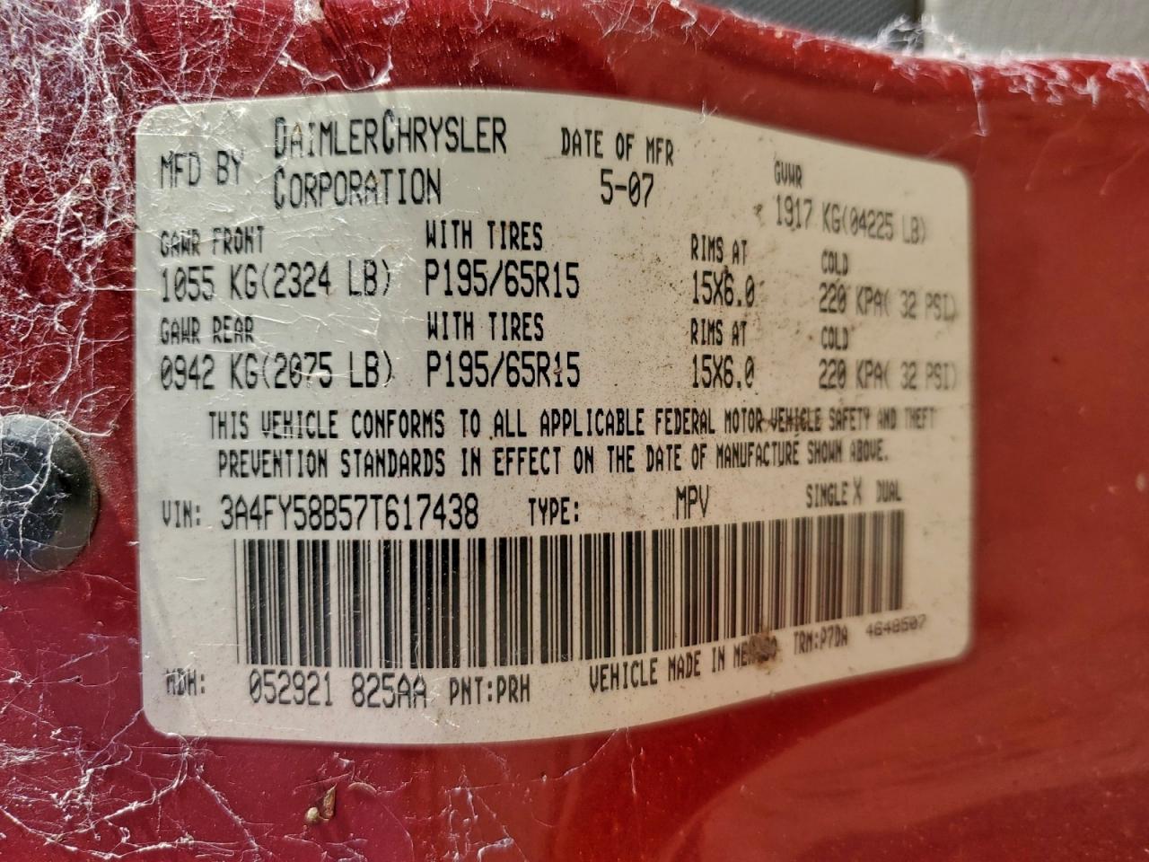 2007 Chrysler Pt Cruiser Touring VIN: 3A4FY58B57T617438 Lot: 93055945