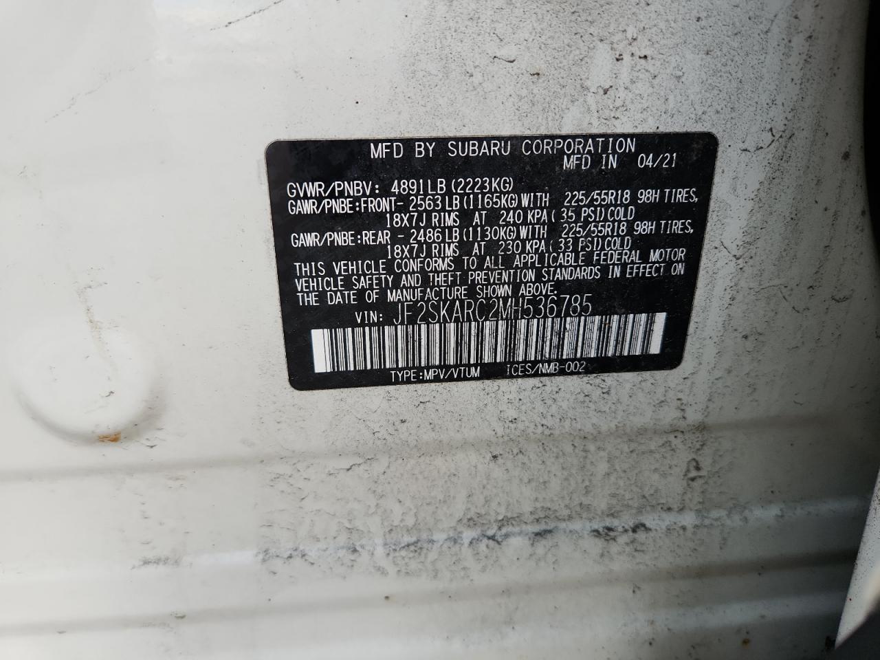 2021 Subaru Forester Sport VIN: JF2SKARC2MH536785 Lot: 93666335