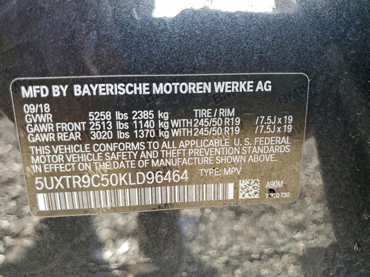 2019 BMW X3 xDrive30I VIN: 5UXTR9C50KLD96464 Lot: 94364495