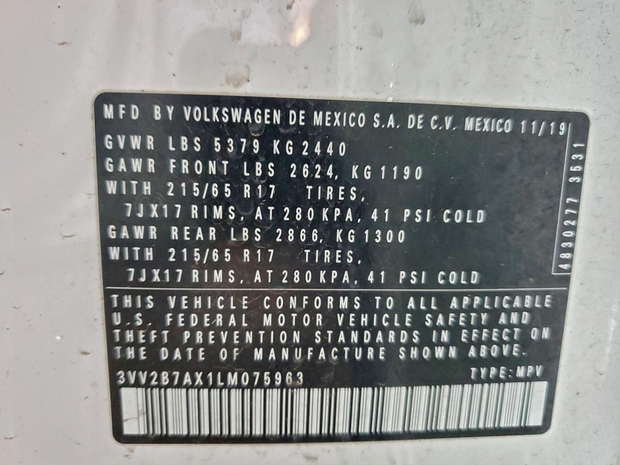 2020 Volkswagen Tiguan Se VIN: 3VV2B7AX1LM075963 Lot: 93049085