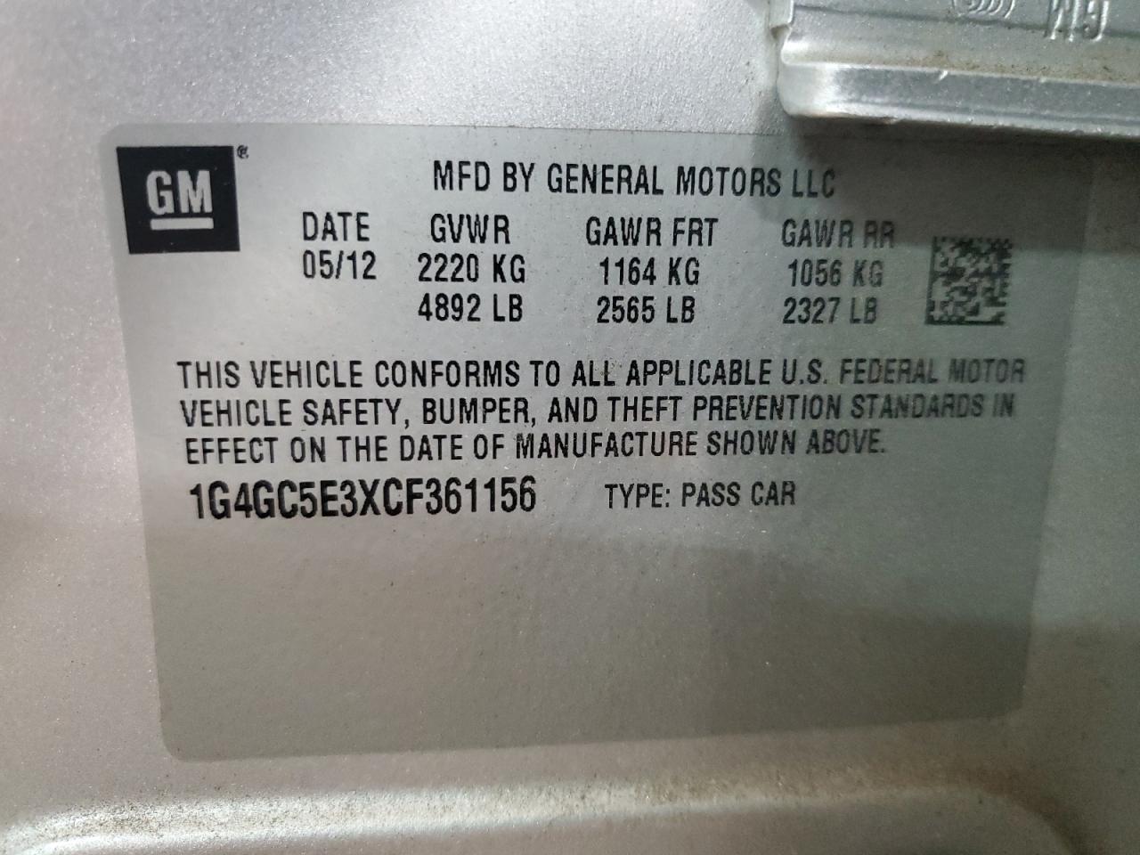 2012 Buick Lacrosse VIN: 1G4GC5E3XCF361156 Lot: 91141175