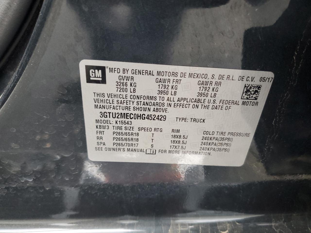 2017 GMC Sierra K1500 Sle VIN: 3GTU2MEC0HG452429 Lot: 92301825