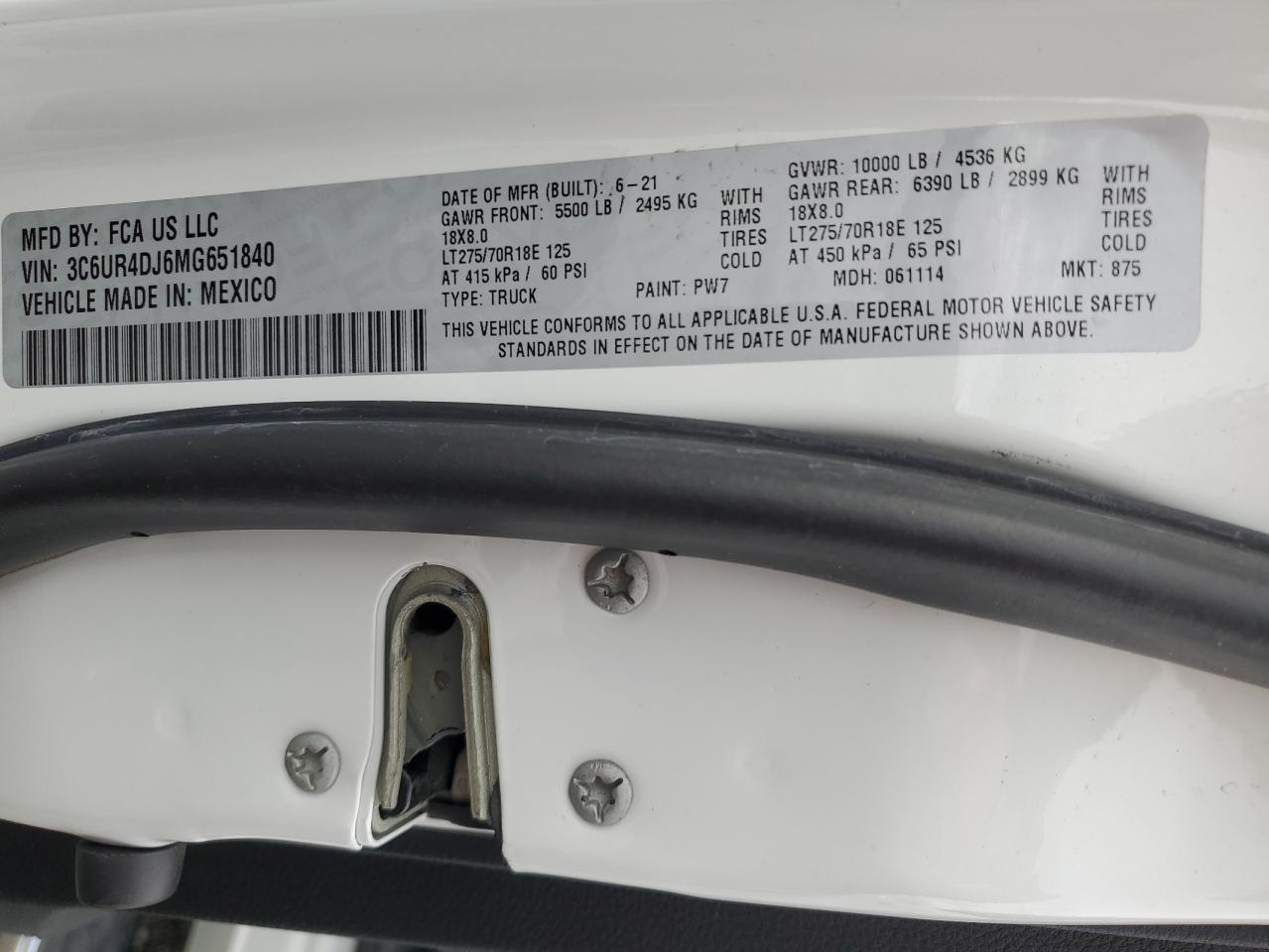 2021 Ram 2500 Big Horn VIN: 3C6UR4DJ6MG651840 Lot: 93551675