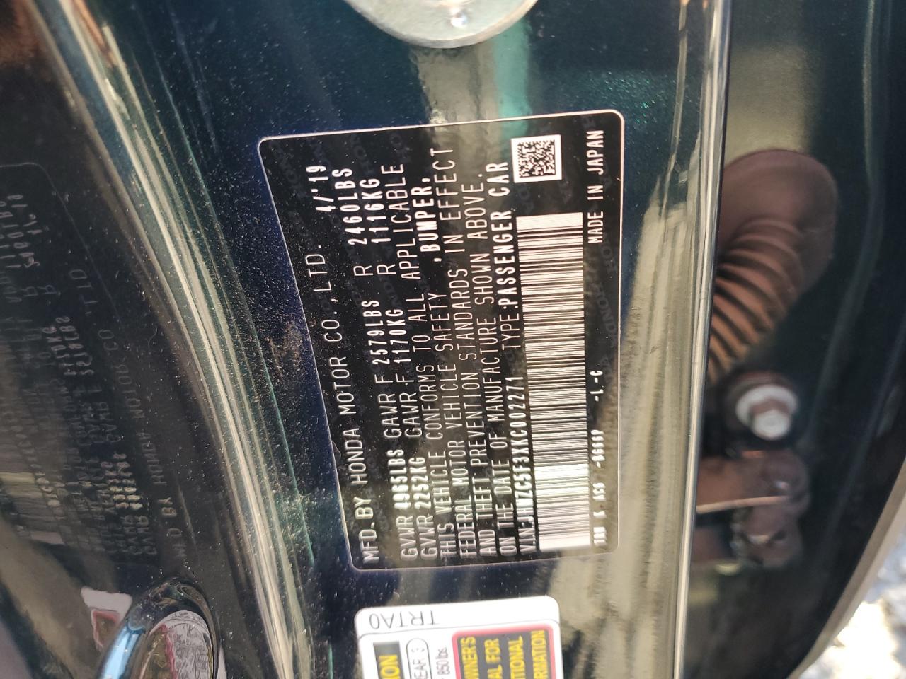 2019 Honda Clarity Touring VIN: JHMZC5F3XKC002271 Lot: 93077345