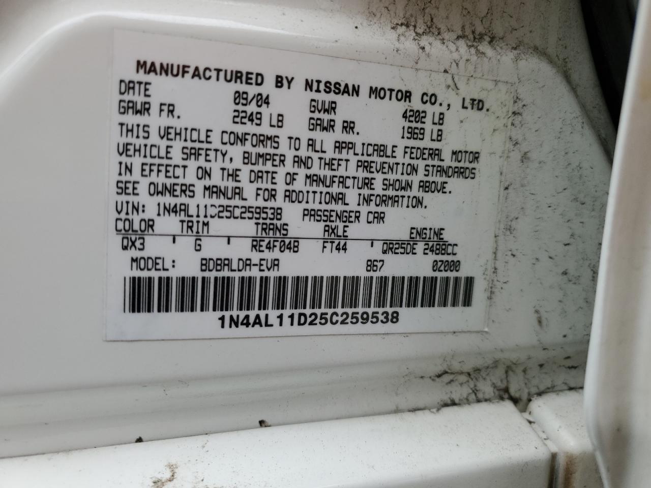 2005 Nissan Altima S VIN: 1N4AL11D25C259538 Lot: 93051075