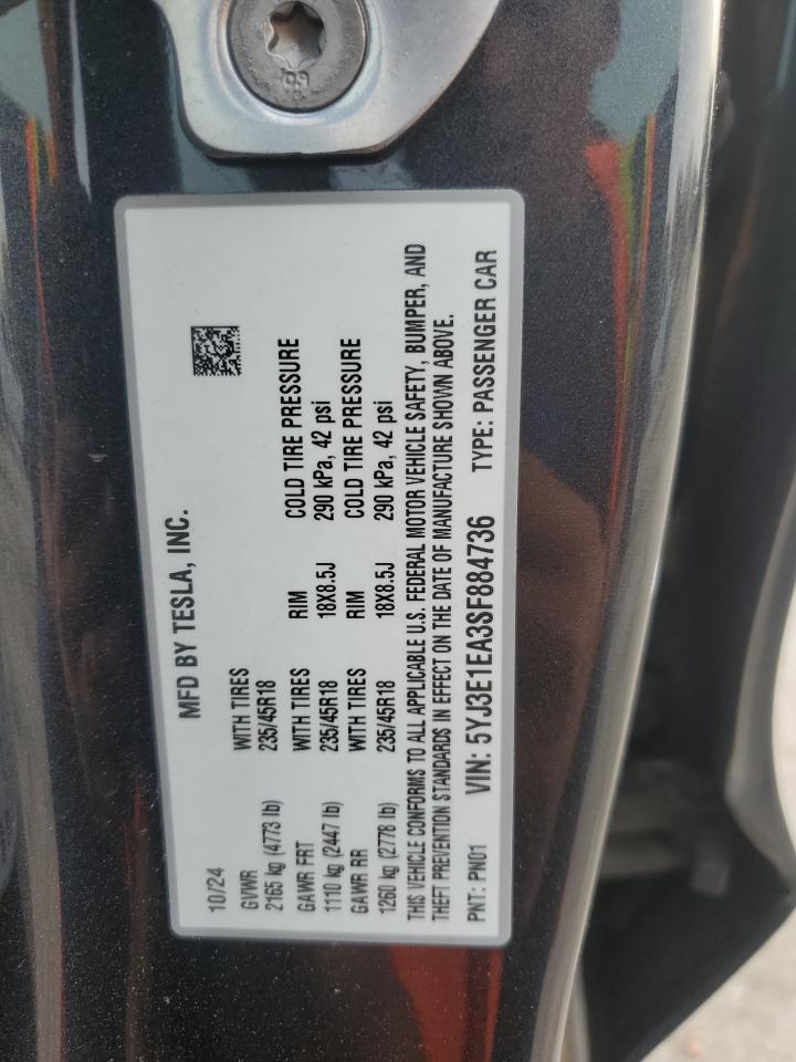 2025 Tesla Model 3 VIN: 5YJ3E1EA3SF884736 Lot: 93086085