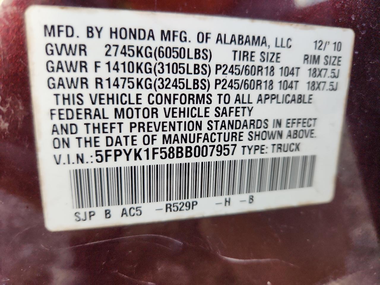 2011 Honda Ridgeline Rtl VIN: 5FPYK1F58BB007957 Lot: 92017285