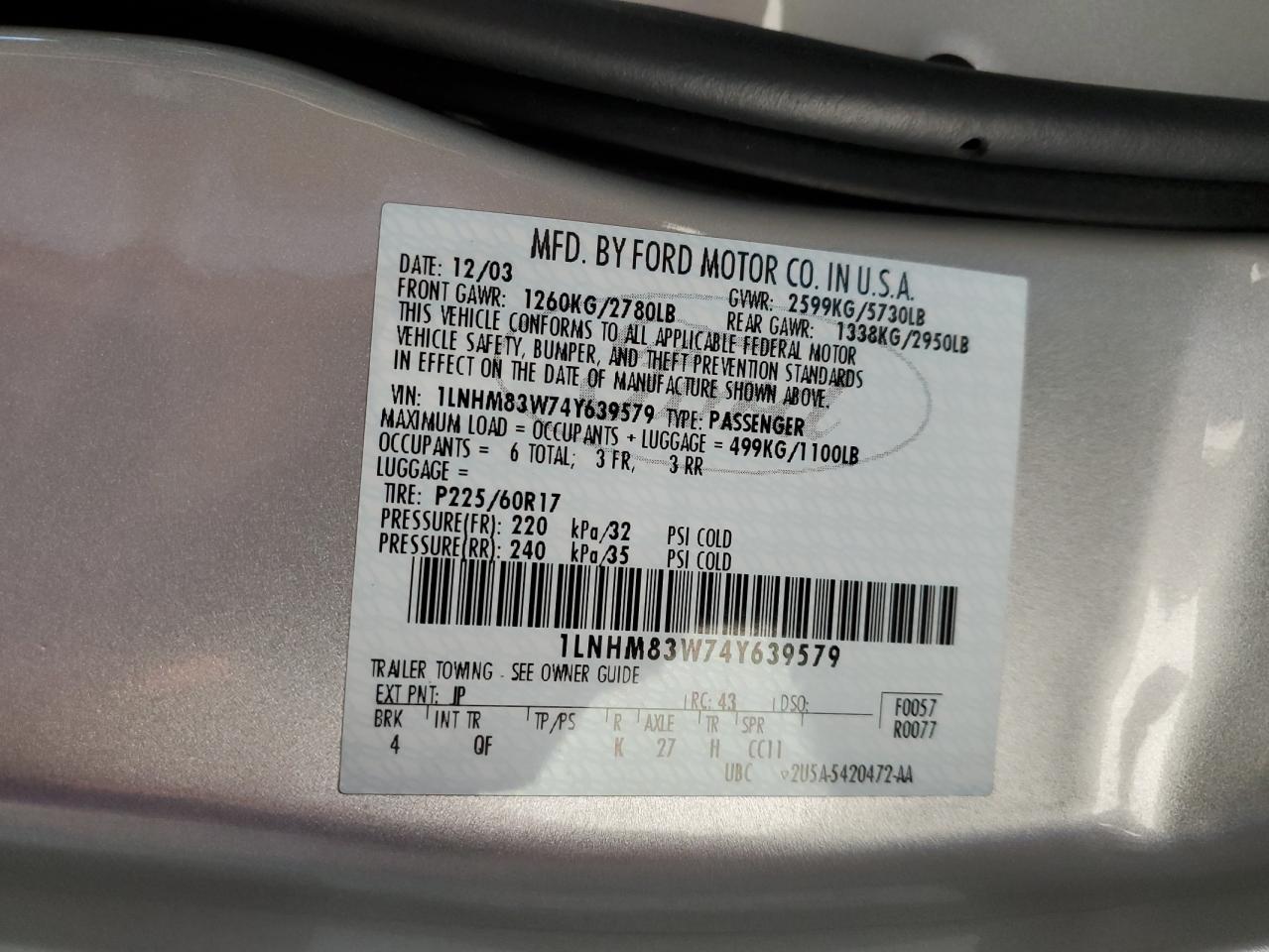 2004 Lincoln Town Car Ultimate VIN: 1LNHM83W74Y639579 Lot: 92452075