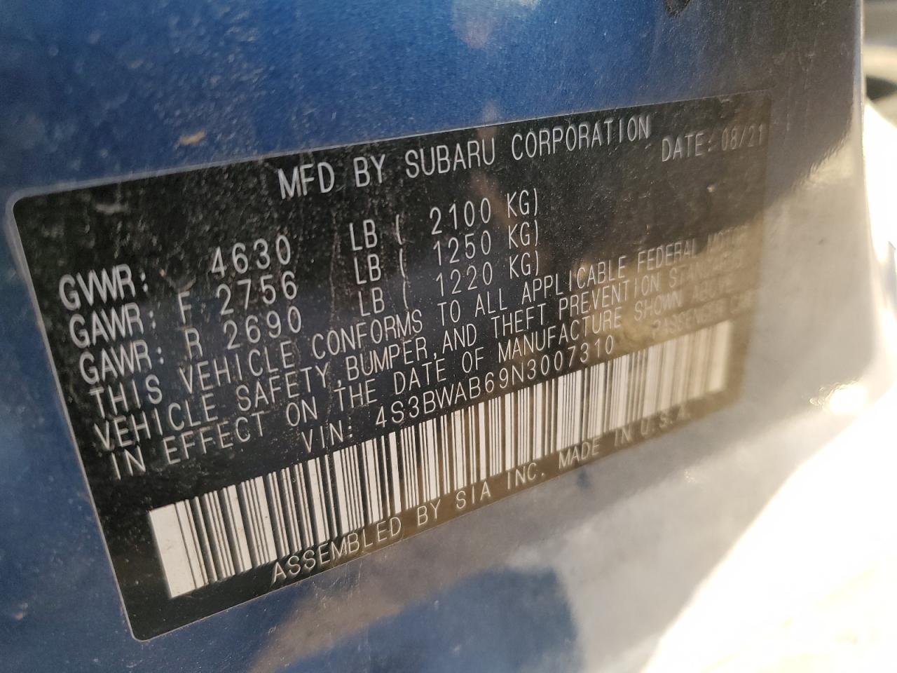 2022 Subaru Legacy VIN: 4S3BWAB69N3007310 Lot: 85500525