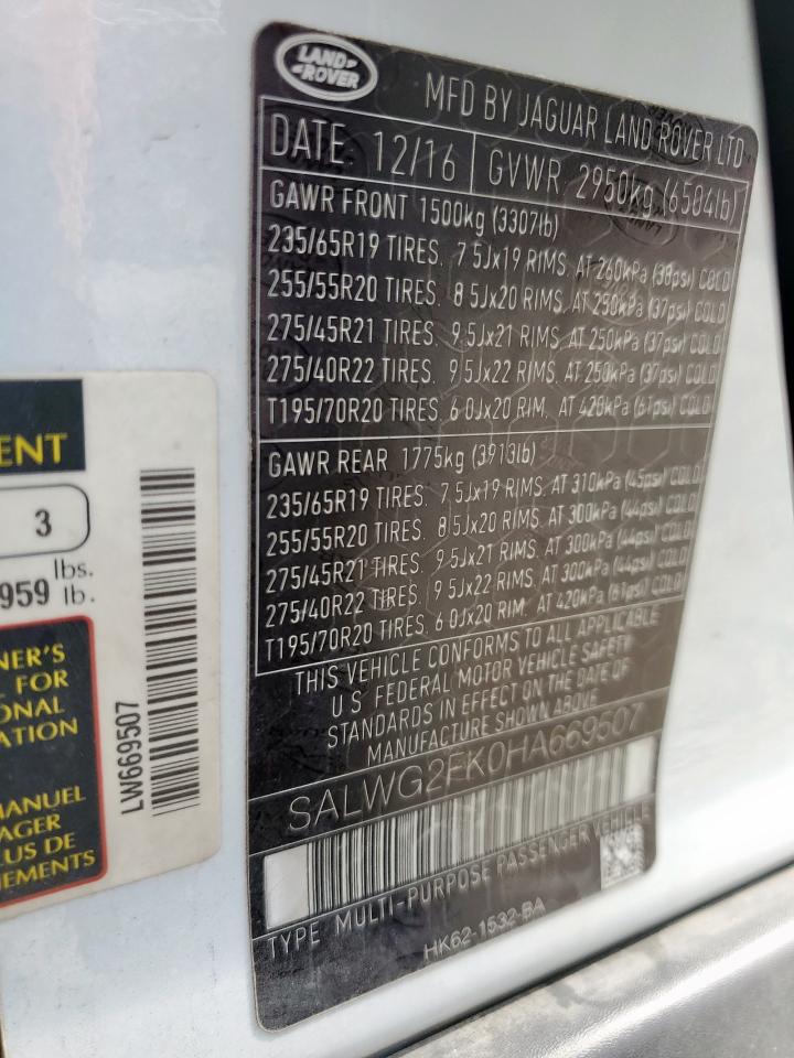 2017 Land Rover Range Rover Sport Se VIN: SALWG2FK0HA669507 Lot: 93373145