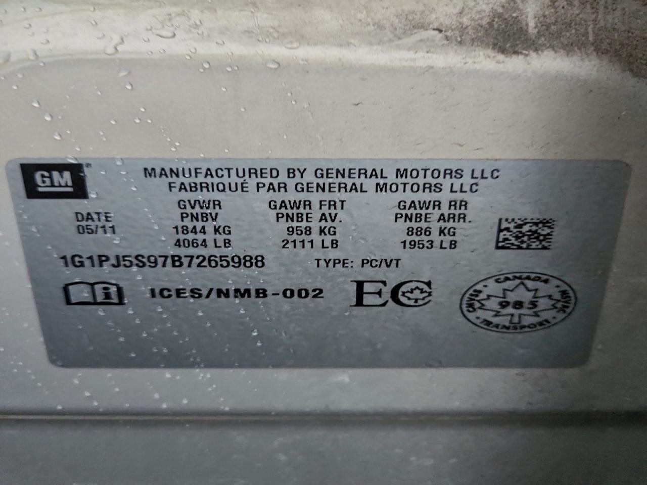 2011 Chevrolet Cruze Eco VIN: 1G1PJ5S97B7265988 Lot: 93813955