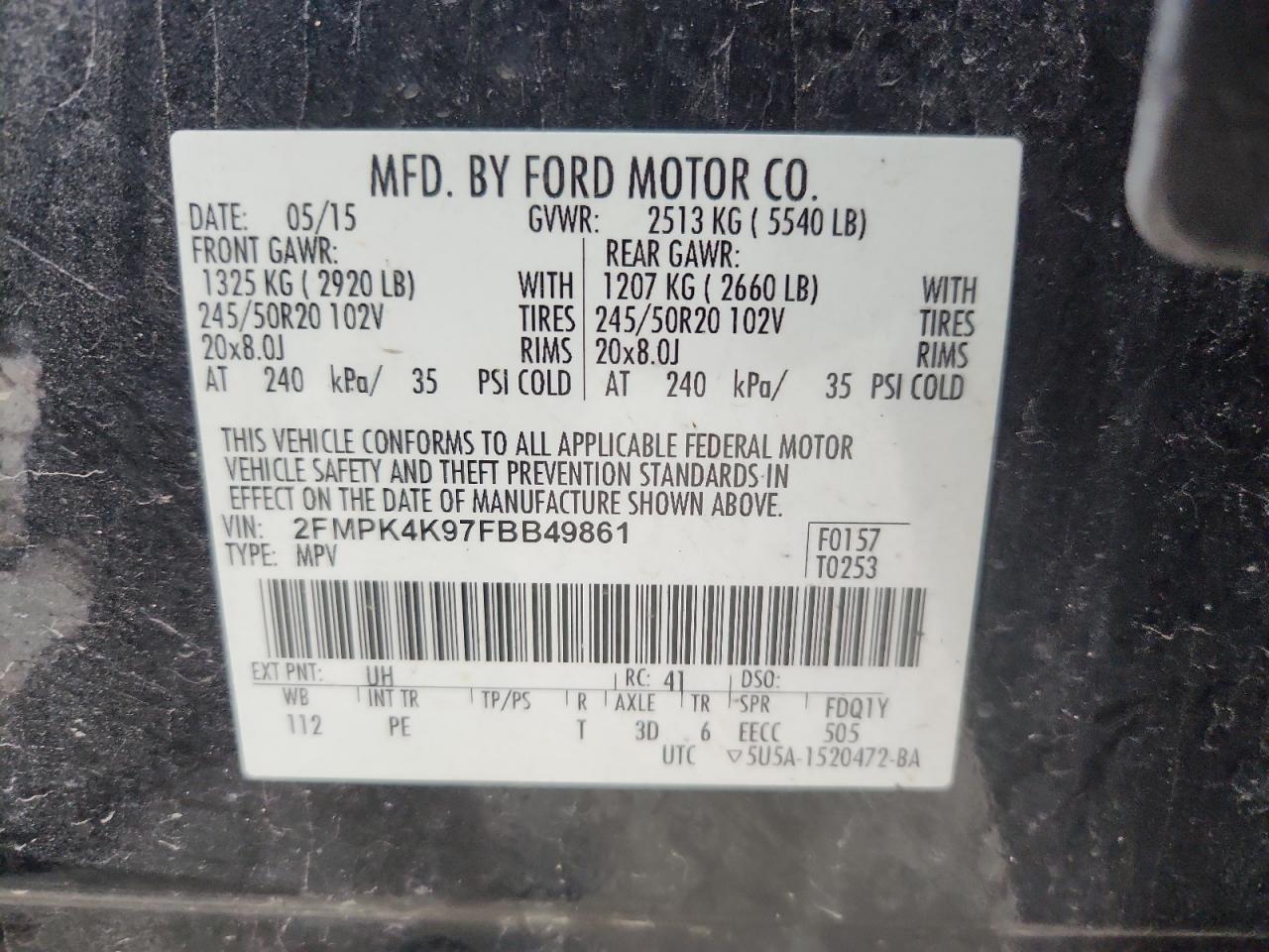 2015 Ford Edge Titanium VIN: 2FMPK4K97FBB49861 Lot: 94044925