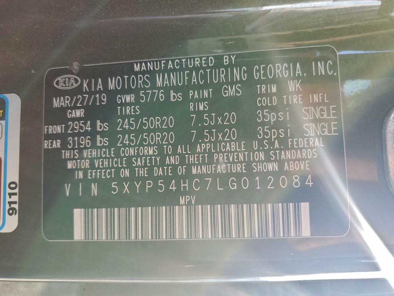 2020 Kia Telluride Sx VIN: 5XYP54HC7LG012084 Lot: 93733295