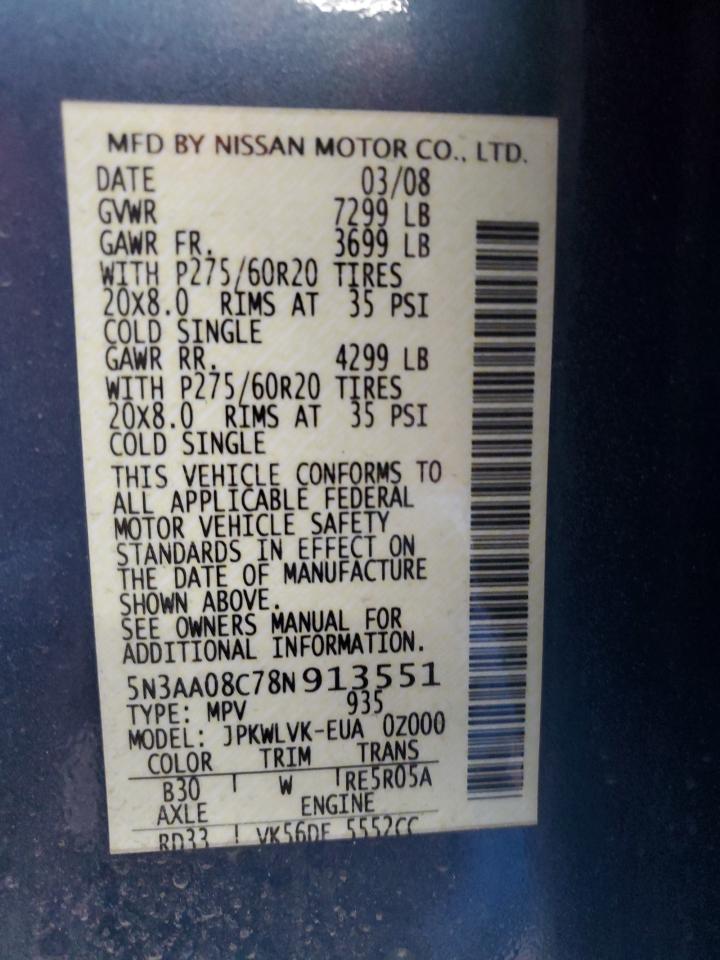 2008 Infiniti Qx56 VIN: 5N3AA08C78N913551 Lot: 92720365