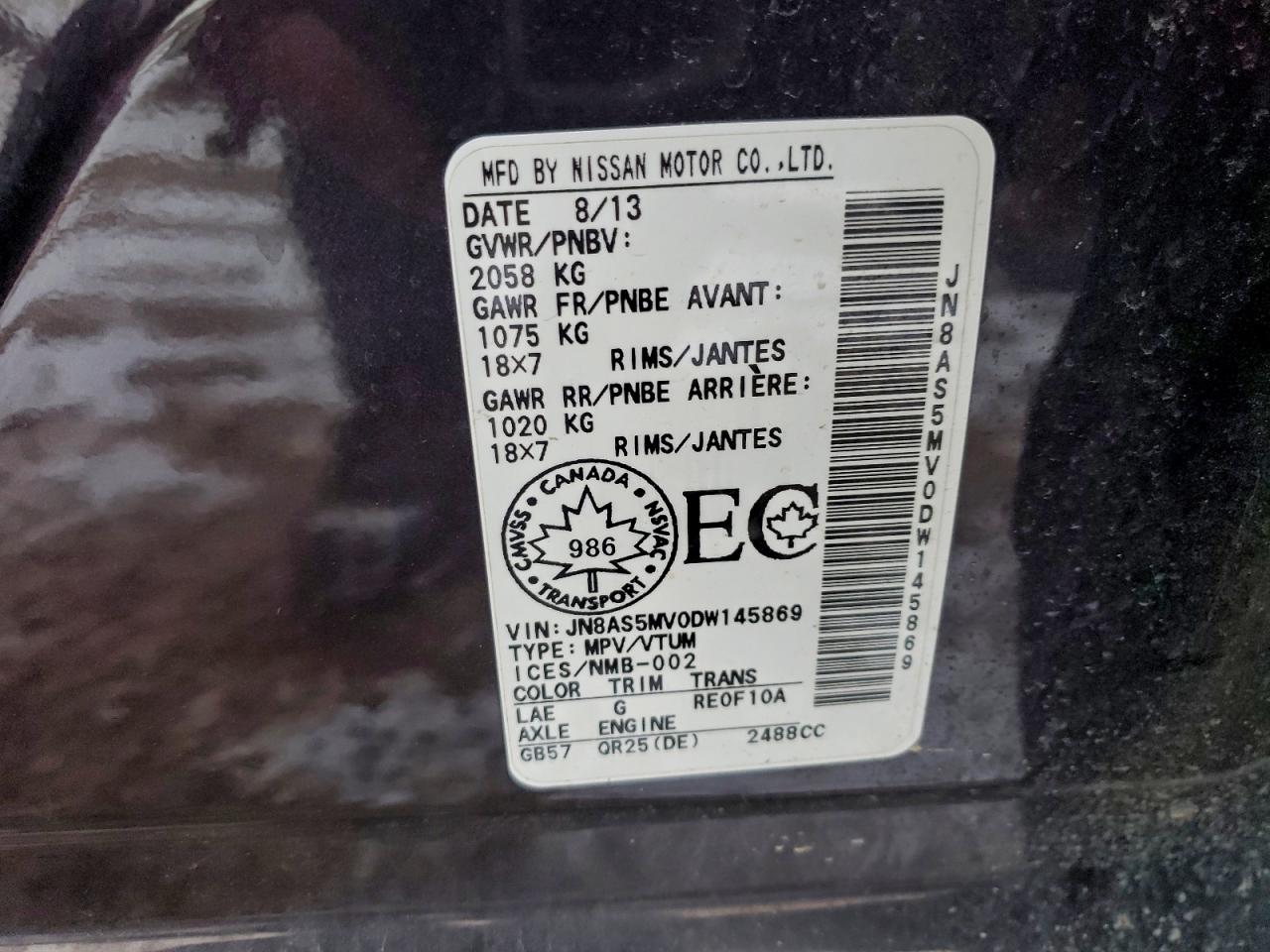 2013 Nissan Rogue S VIN: JN8AS5MV0DW145869 Lot: 94925095