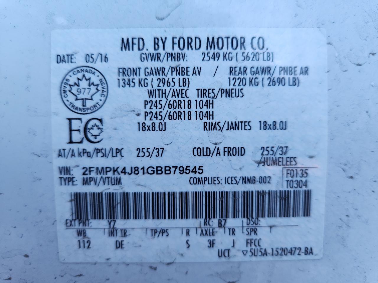 2016 Ford Edge Sel VIN: 2FMPK4J81GBB79545 Lot: 93609265