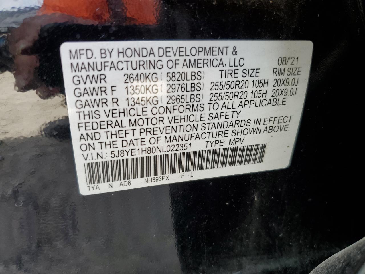 2022 Acura Mdx Advance VIN: 5J8YE1H80NL022351 Lot: 91933735