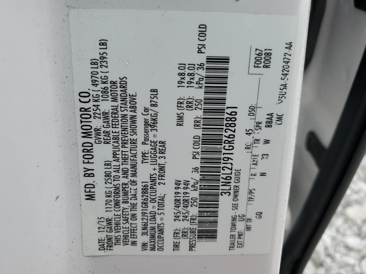 2016 Lincoln Mkz VIN: 3LN6L2J91GR628861 Lot: 91169855