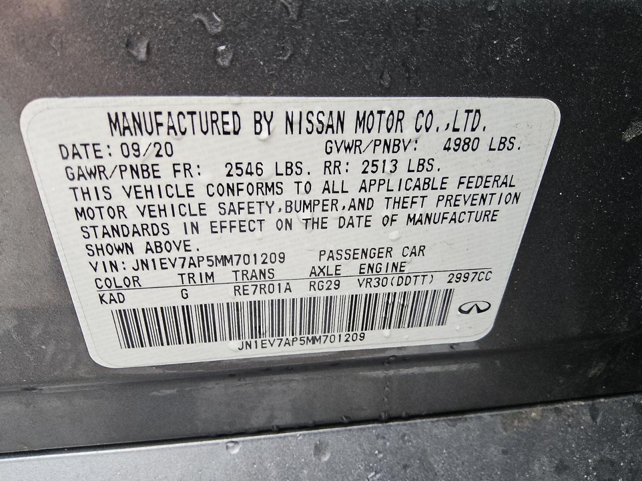 2021 Infiniti Q50 Pure VIN: JN1EV7AP5MM701209 Lot: 92707525