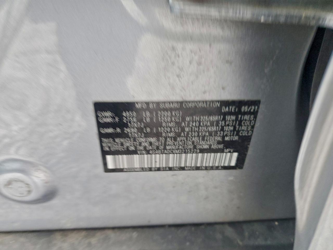 2021 Subaru Outback Premium VIN: 4S4BTADC6M3215229 Lot: 94754275