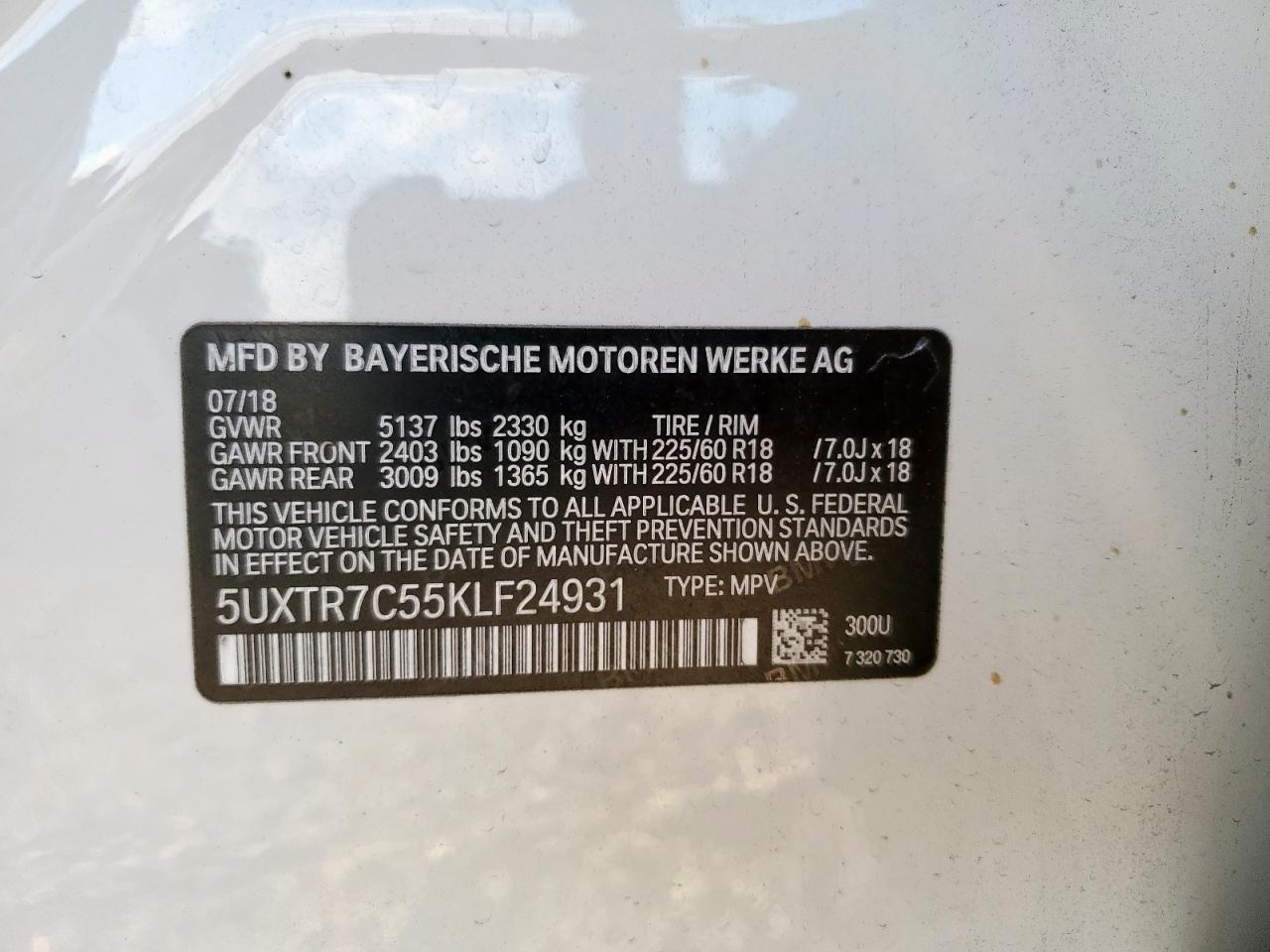 2019 BMW X3 Sdrive30I VIN: 5UXTR7C55KLF24931 Lot: 91483495