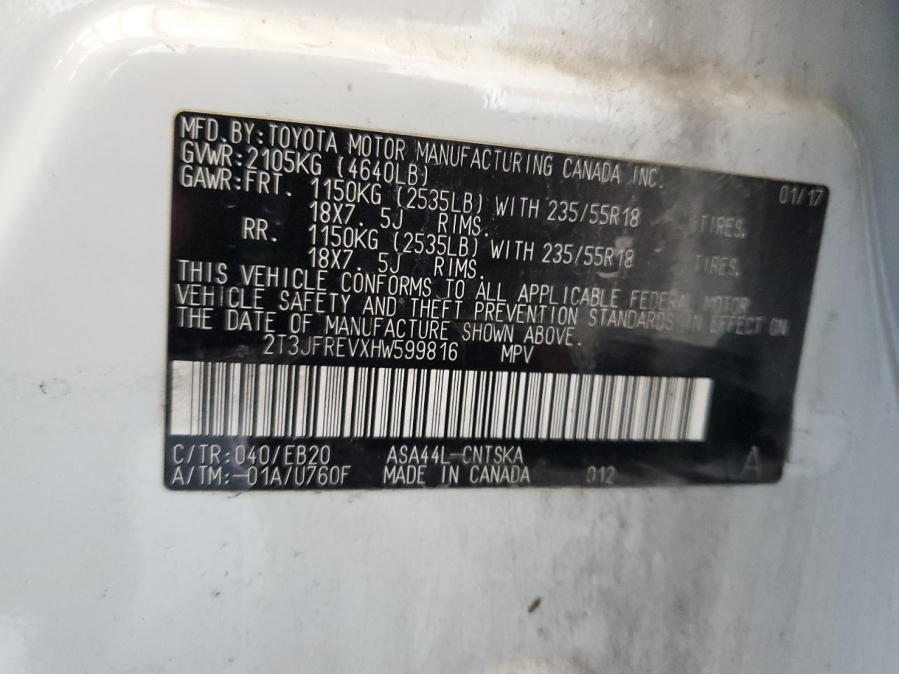 2017 Toyota Rav4 Se VIN: 2T3JFREVXHW599816 Lot: 93210055