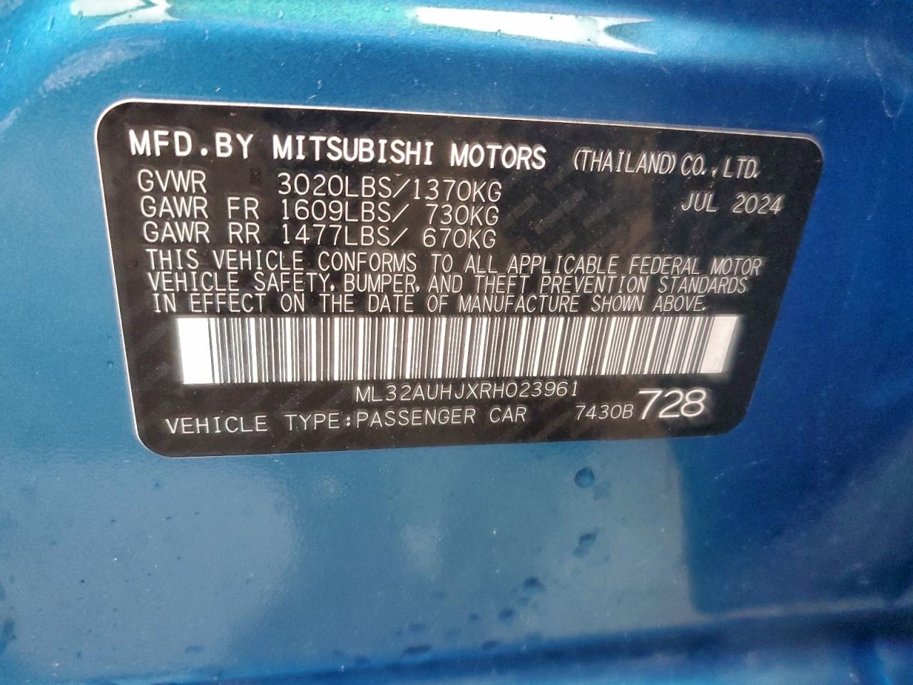 2024 Mitsubishi Mirage Es VIN: ML32AUHJXRH023961 Lot: 93753485