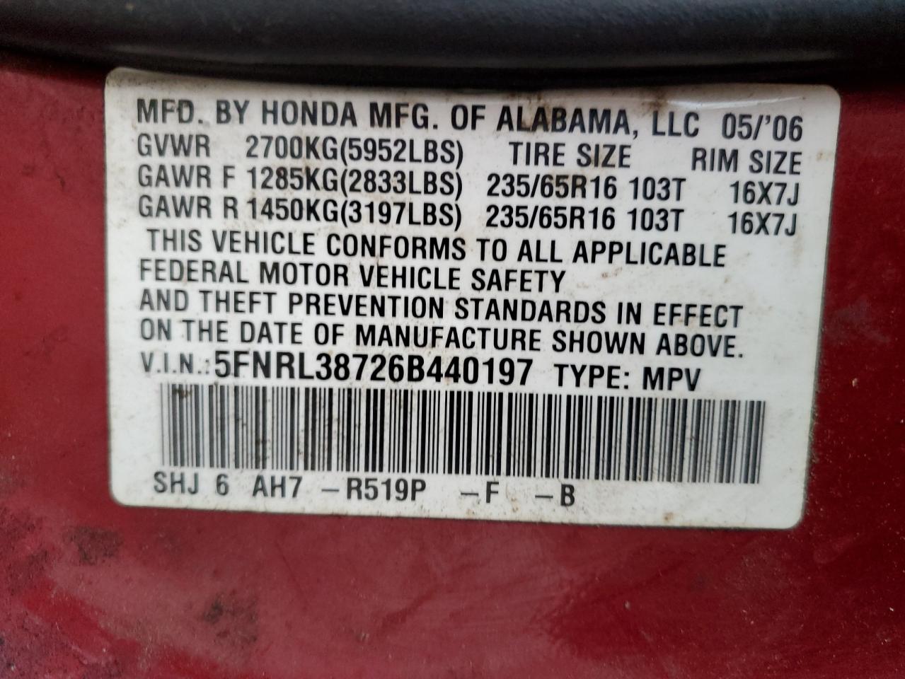 2006 Honda Odyssey Exl VIN: 5FNRL38726B440197 Lot: 92273495