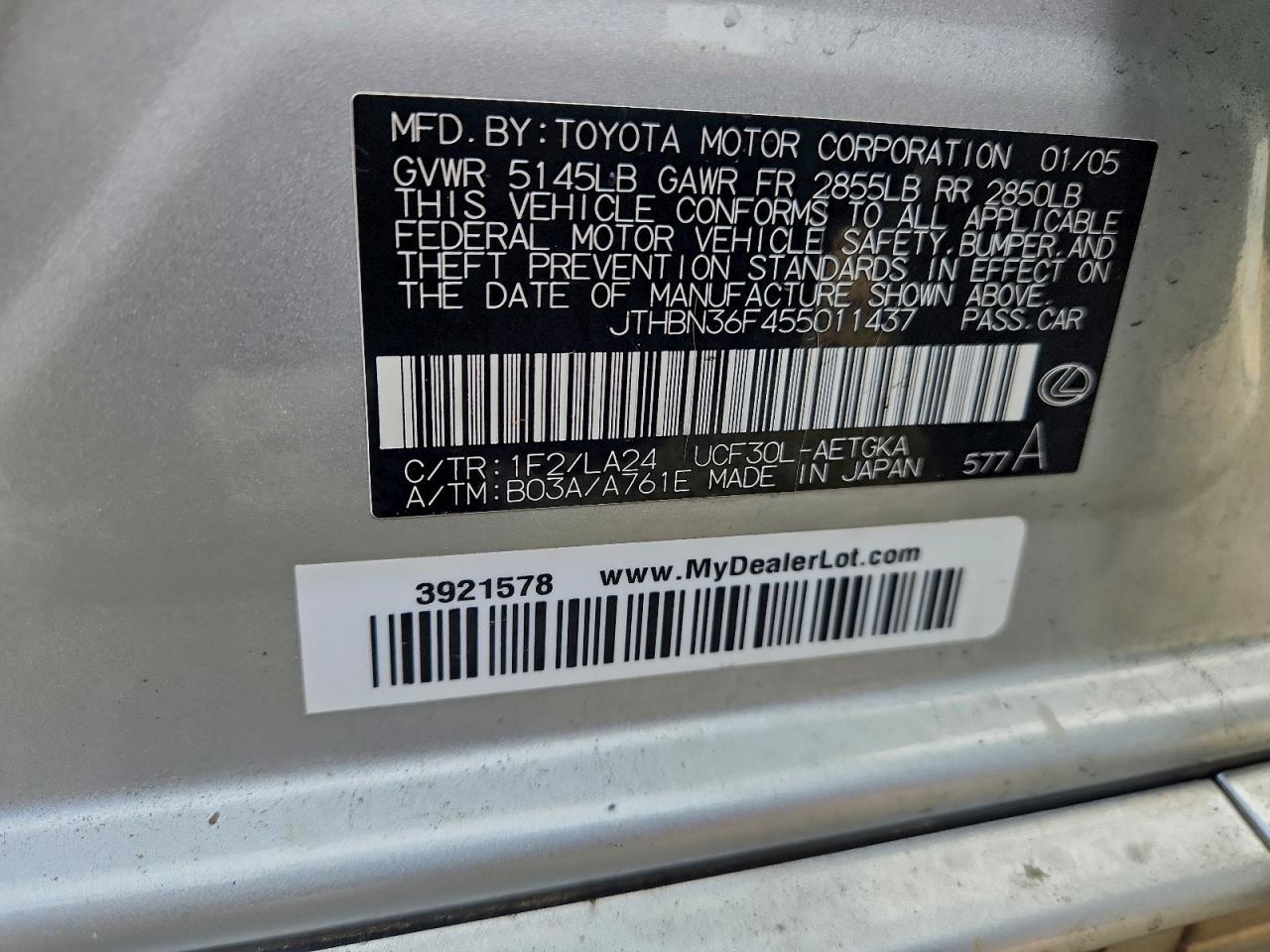 2005 Lexus Ls 430 VIN: JTHBN36F455011437 Lot: 93623565