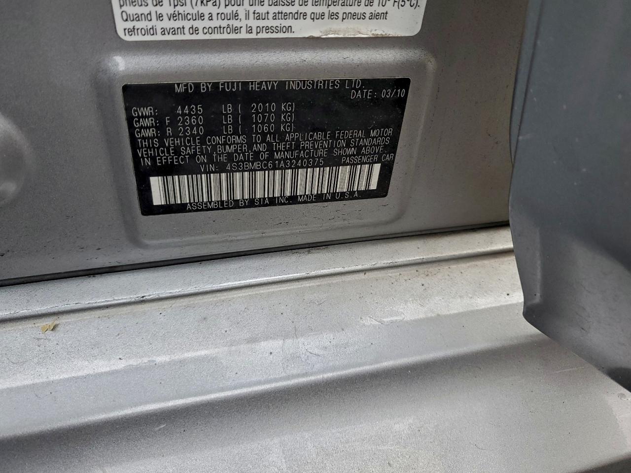 2010 Subaru Legacy 2.5I Premium VIN: 4S3BMBC61A3240375 Lot: 94176335