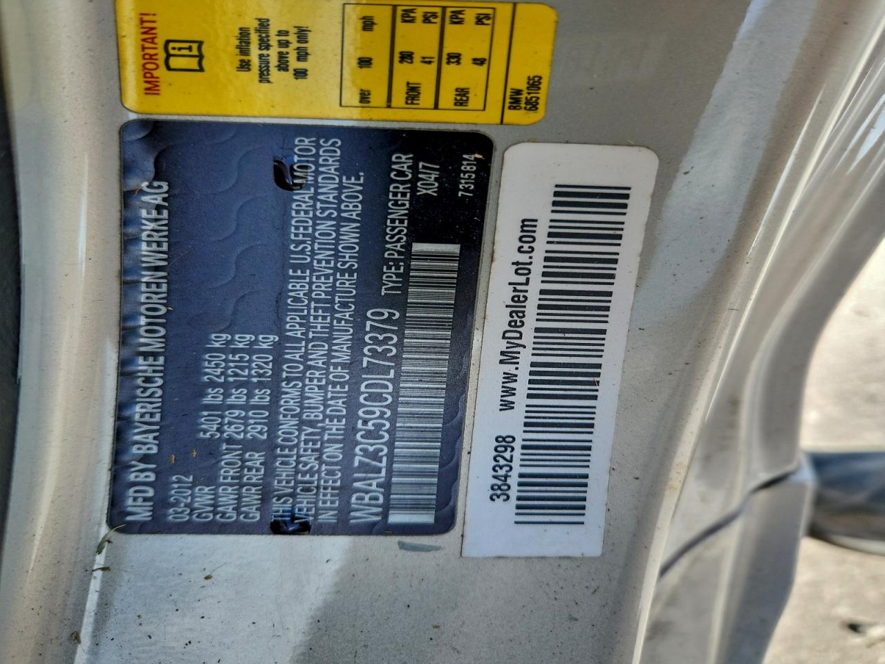 2012 BMW 650 I VIN: WBALZ3C59CDL73379 Lot: 92765685