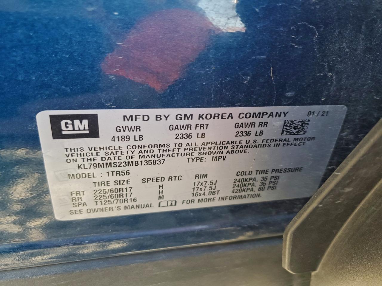 2021 Chevrolet Trailblazer Ls VIN: KL79MMS23MB135837 Lot: 94401235