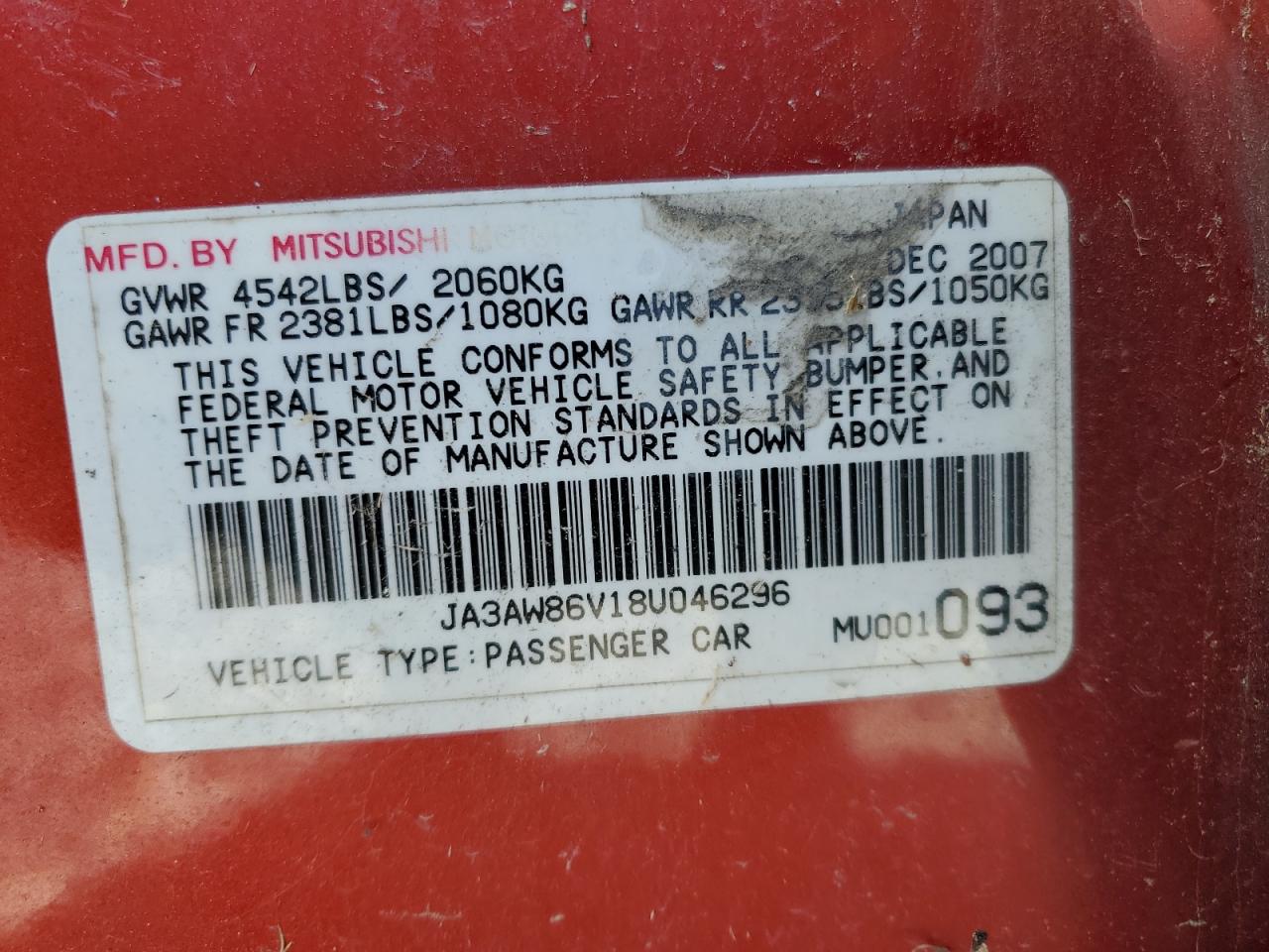 2008 Mitsubishi Lancer Evolution Gsr VIN: JA3AW86V18U046296 Lot: 91884295