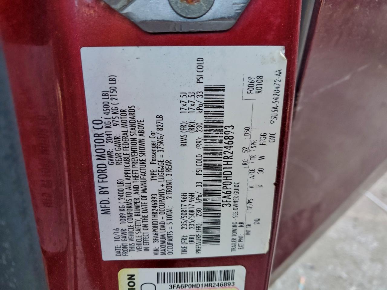 2017 Ford Fusion Se VIN: 3FA6P0HD1HR246893 Lot: 94573715