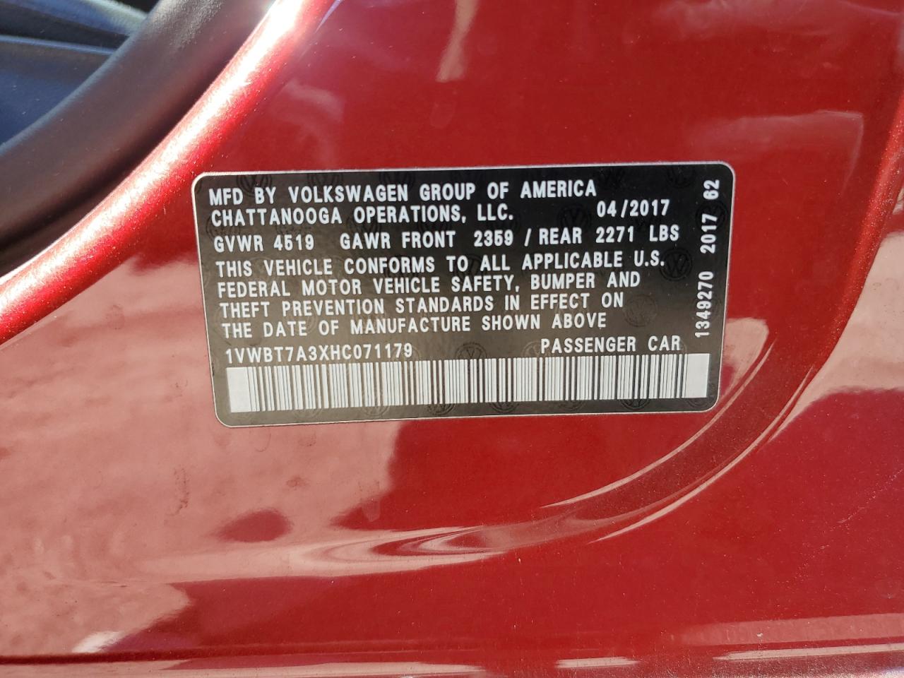2017 Volkswagen Passat Se VIN: 1VWBT7A3XHC071179 Lot: 92870005