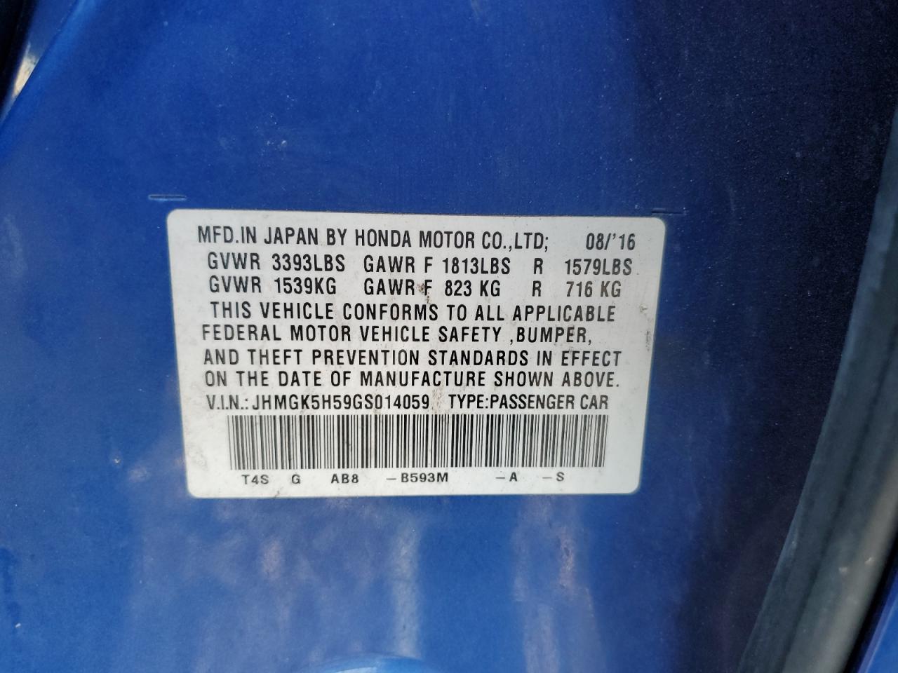 2016 Honda Fit Lx VIN: JHMGK5H59GS014059 Lot: 93754435