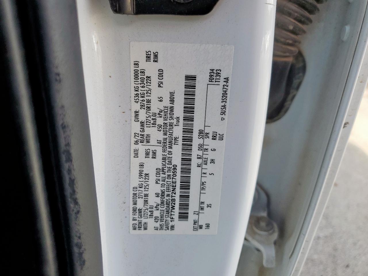 2022 Ford F250 Super Duty VIN: 1FT7W2BT2NEE70590 Lot: 91145735