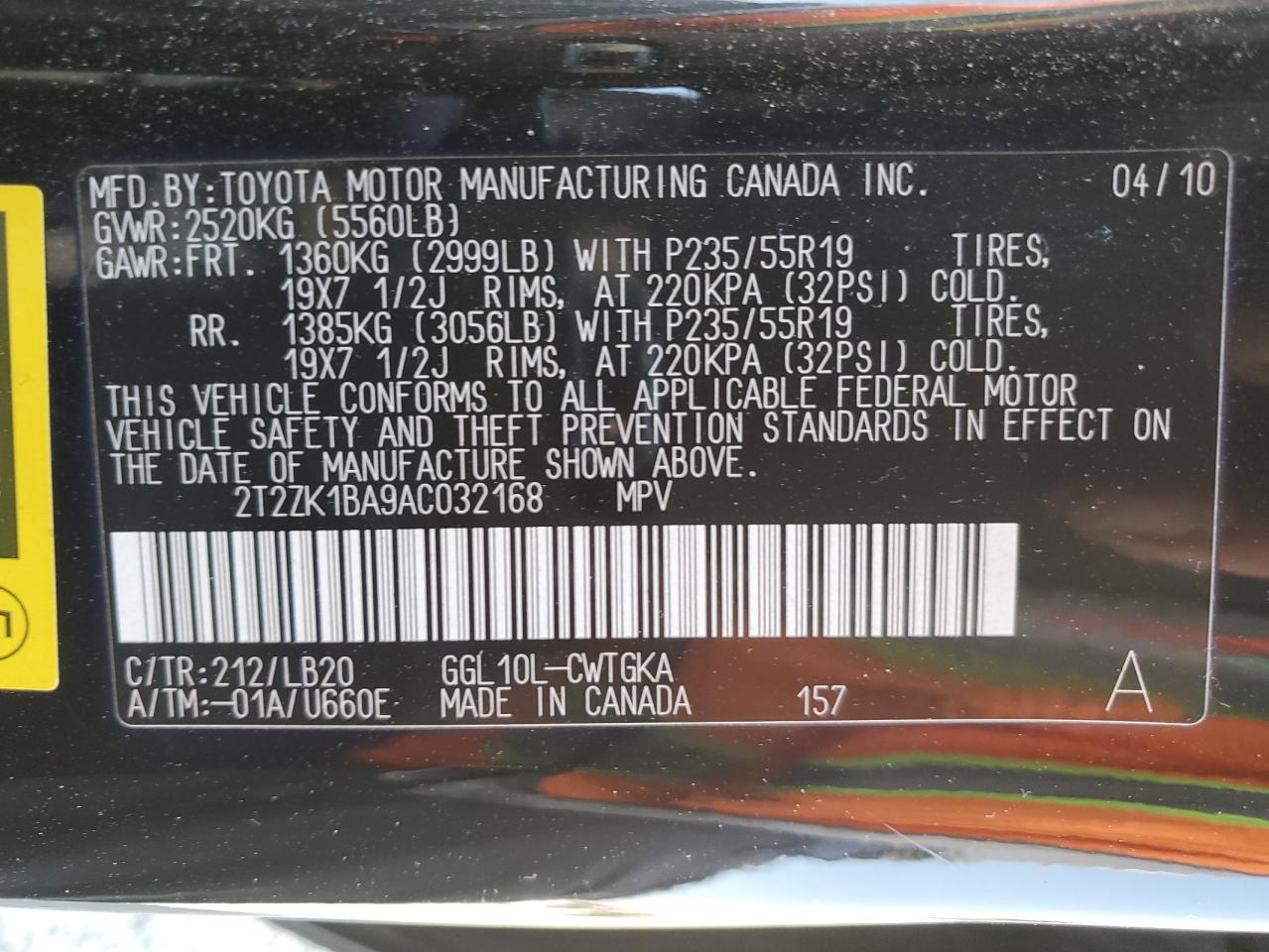 2010 Lexus Rx 350 VIN: 2T2ZK1BA9AC032168 Lot: 91728495