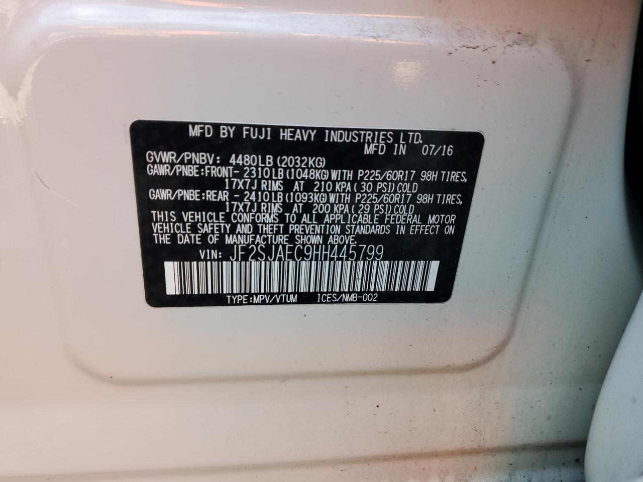 2017 Subaru Forester 2.5I Premium VIN: JF2SJAEC9HH445799 Lot: 91143055