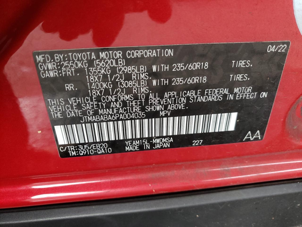 2023 Toyota Bz4X Xle VIN: JTMABABA6PA004035 Lot: 91906285