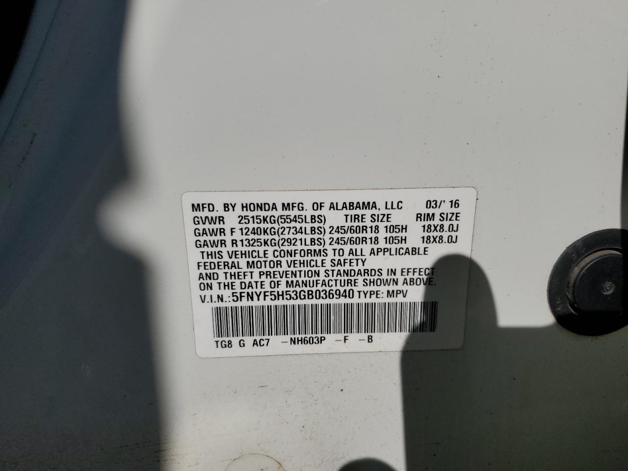 2016 Honda Pilot Exl VIN: 5FNYF5H53GB036940 Lot: 90716015