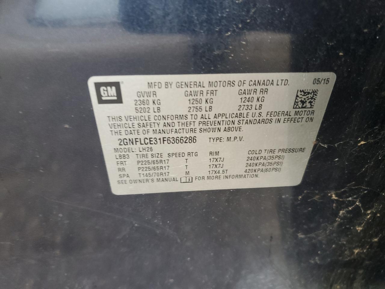 2015 Chevrolet Equinox Lt VIN: 2GNFLCE31F6366286 Lot: 91913015