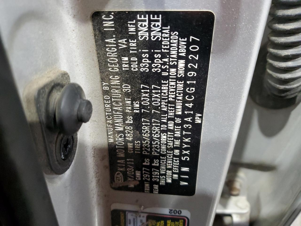 2012 Kia Sorento Base VIN: 5XYKT3A14CG192207 Lot: 92664975