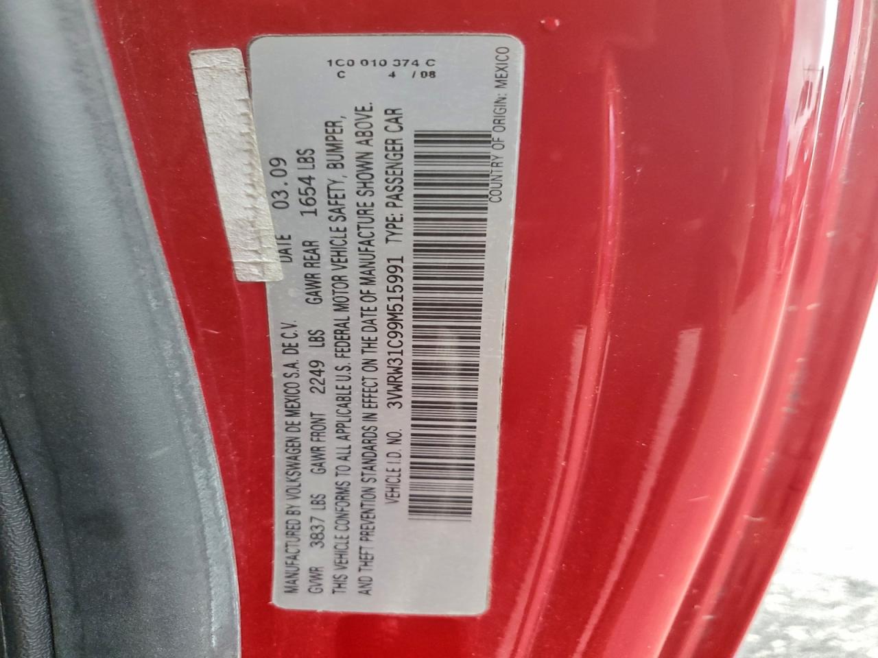 2009 Volkswagen New Beetle S VIN: 3VWRW31C99M515991 Lot: 94320055