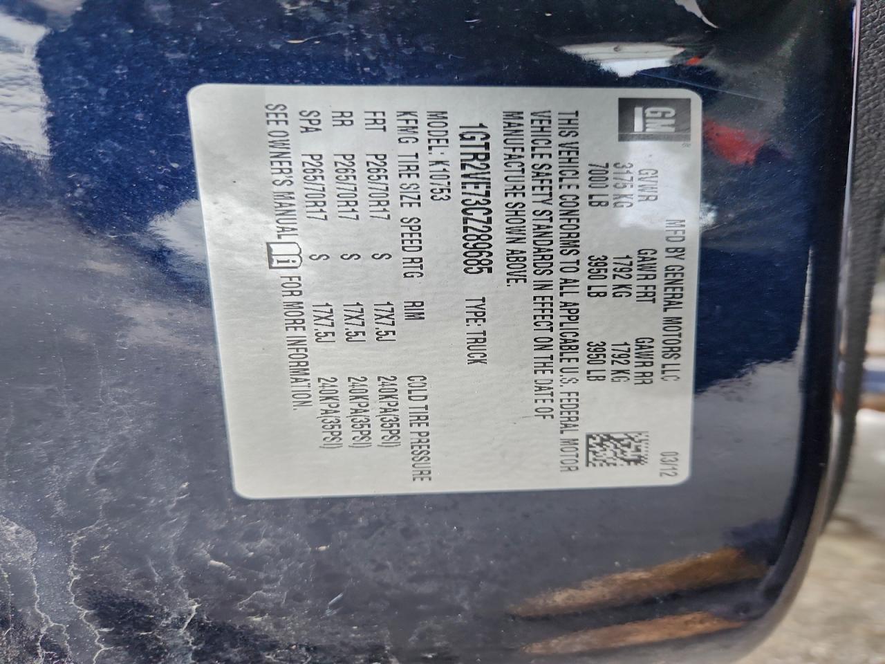 2012 GMC Sierra K1500 Sle VIN: 1GTR2VE73CZ289685 Lot: 94170185