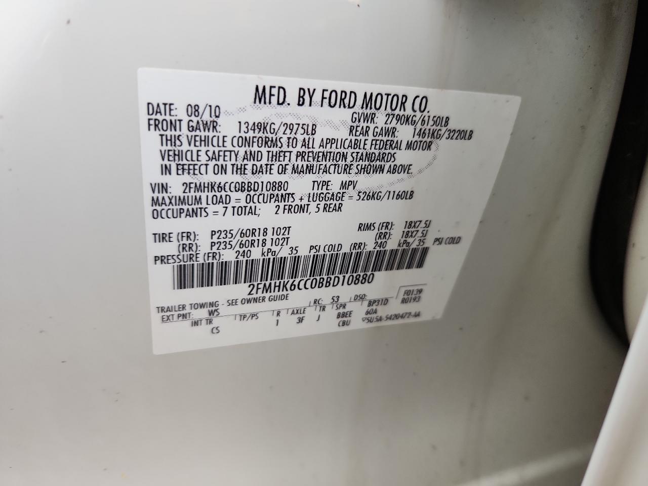 2011 Ford Flex Sel VIN: 2FMHK6CC0BBD10880 Lot: 91067735