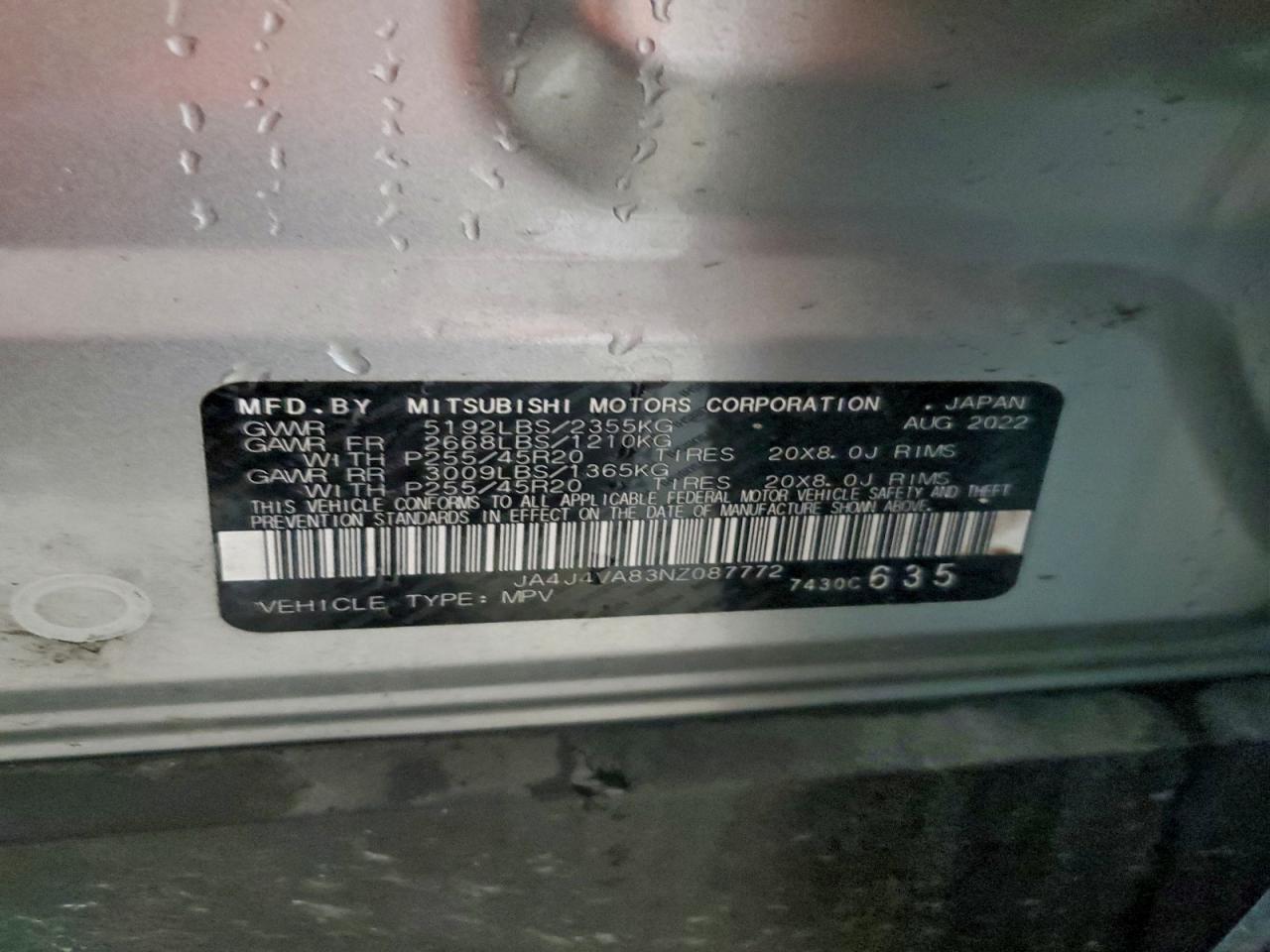 2022 Mitsubishi Outlander Sel VIN: JA4J4VA83NZ087772 Lot: 93666305