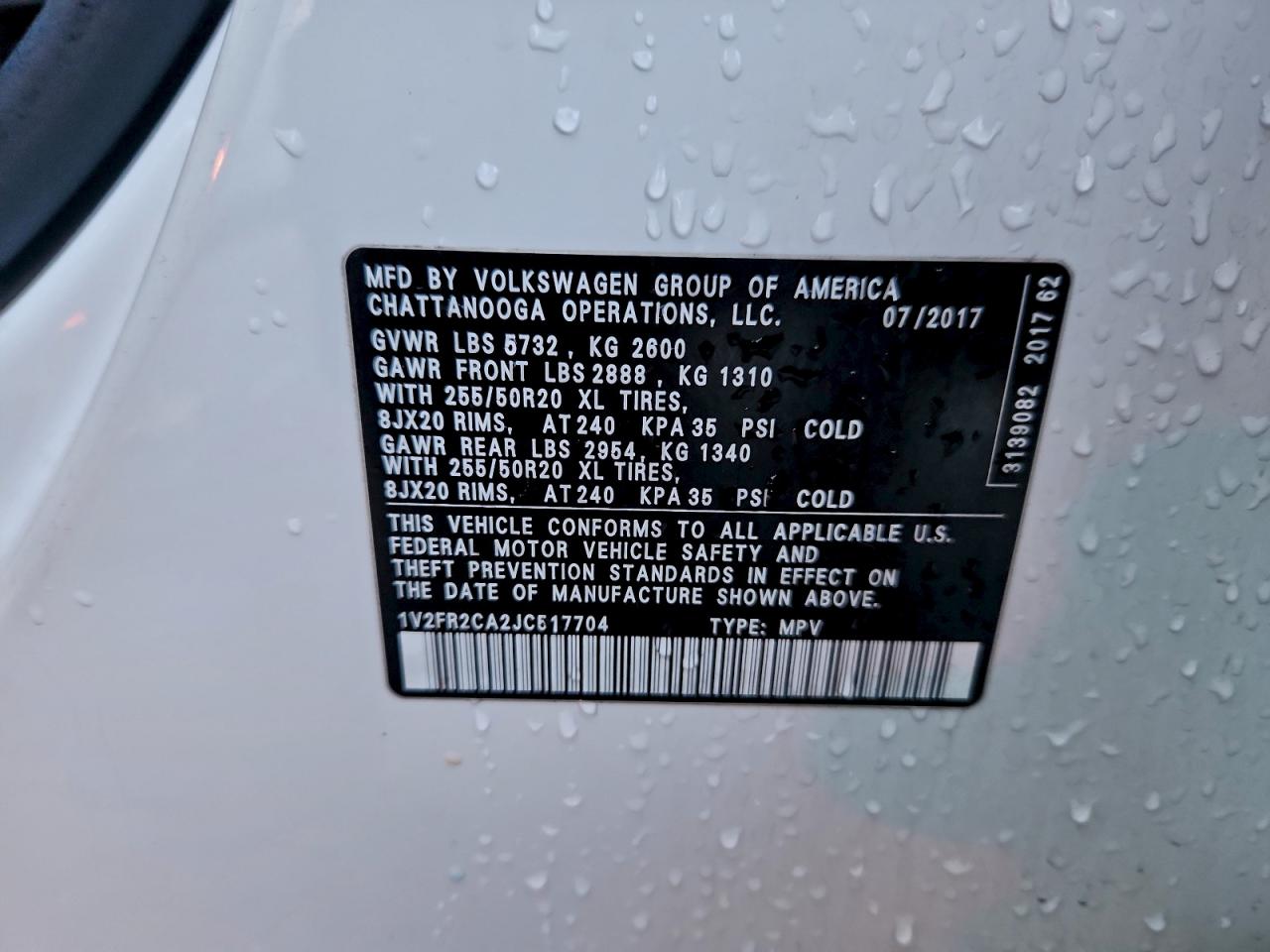 2018 Volkswagen Atlas Se VIN: 1V2FR2CA2JC517704 Lot: 94719865